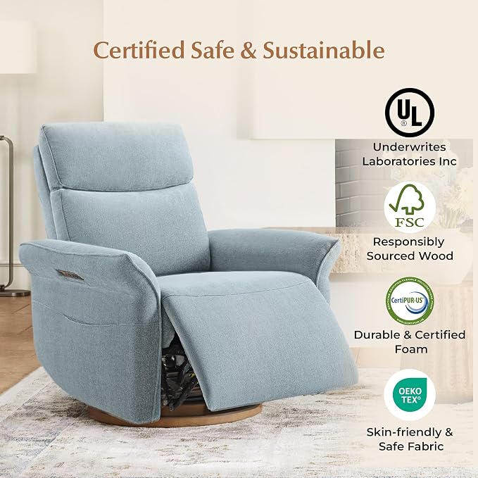 CHITA Power Recliner Chair, Electric Triple-Motor Swivel Glider Nursery Rocking Chair with Adjustable Power Headrest and Lumbar Support, GREENGARD Gold Certified, Solid Wood Base, Baby Blue