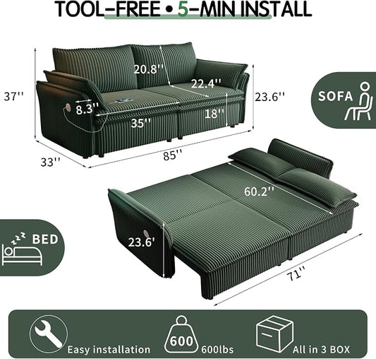 85'' Sofa Bed Full Size, Tool-Free Assembly, 3 in 1 Convertable Sleeper Sofa, Corduroy Couches with Pull Out Bed, USB & Storage, Modern Loveseat for Small Space, Living Room, Corduroy Green
