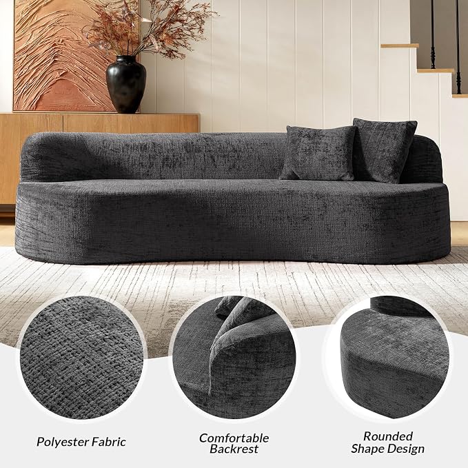 95" Modern Curved Compressed Sofa, All-Foam 3-Seater Cloud Couch with 2 Pillows, No Assembly Required Boneless Sofas for Living Room, Charcoal