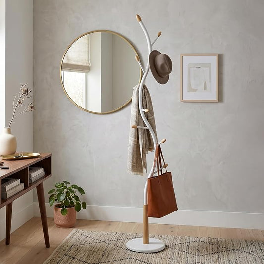 Roundhill Furniture Arles Metal Whtie and Oak Standing Coat Rack