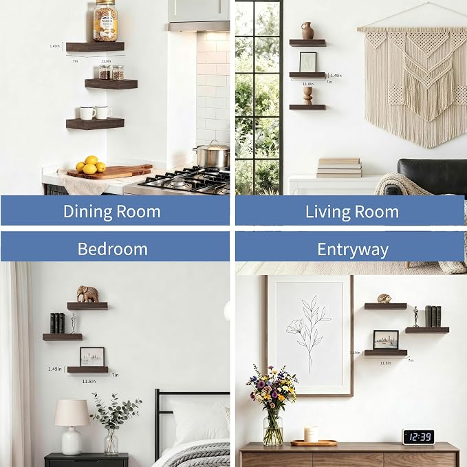Floating Shelves for Wall, Bathroom Shelves Over Toilet, Wall Shelves & Book Shelf for Room, Hanging Shelf, Wooden Wall-Mounted Small Floating Shelves, 12 x 7 x 1.5 in (Smoke Gray, Set of 3)