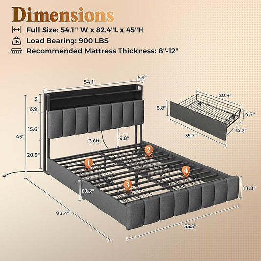PRAISUN Bed Frame Full Size with Upholstered Headboard & Charging Station, Full Size Metal Bed Frame with 4 Storage Drawers, 2-Tier Open Shelves, No Box Spring Needed, Slient Foam Strip, Grey