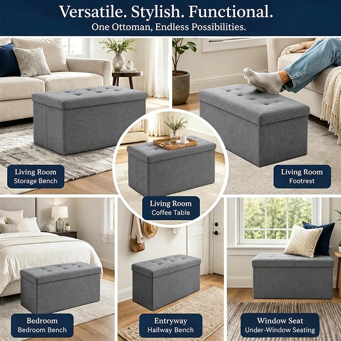 ALASDO 30 Inch Folding Storage Ottoman Bench with Hidden Storage, PU Leather Ottoman Foot Rest Stool, End of Bed Bench for Bedroom, Living Room, Entryway and Closet, Grey