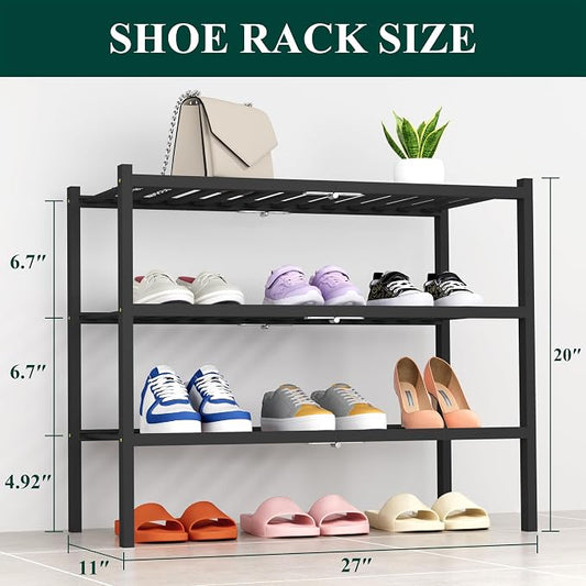 Smiry Bamboo Shoe Rack, 3 Tier Free Standing Wooden Shoe Organizer, Stackable Wood Shoe Storage Shelf for Closet, Entryway, 14 Vertical Slats, 2+1 Stack Heavy-Duty Legs, 26.8"x11"x19.5", Black
