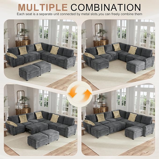 Hanherry 106" Sectional Sofa with Pull Out Couch Bed,7 Seat Chenille Sleeper Sofa with 2 Seat Storage & USB Charging,Storage Ottoman,Comfy Modular Couches for Living Room,Apartment
