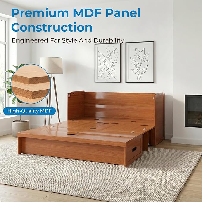 Mjkone Queen Murphy Bed with Mattress Include, Murphy Cabinet Bed with USB Charging Station, Hidden Cube Cabinet Beds with Large Storage Drawer for Bedroom Guest Room Home Office, Cherry