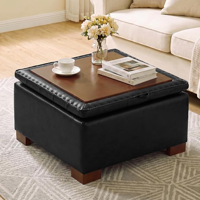 30 Inch Square Storage Ottoman Coffee Table, Modern Tufted Upholstered Ottoman with Flip Tray and Solid Wood Legs, Suitable for Living Rooms, Faux Leather Black