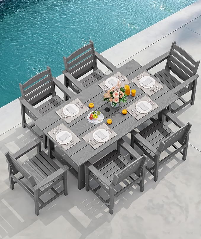 SERWALL 8-Piece Patio Dining Sets with 15FT Double Side Patio Umbrella, Outdoor HDPE Dining Furniture Set with Umbrella Hole Cut-Out Table and 6 Chairs, Gray(Umbrella Base not Included)