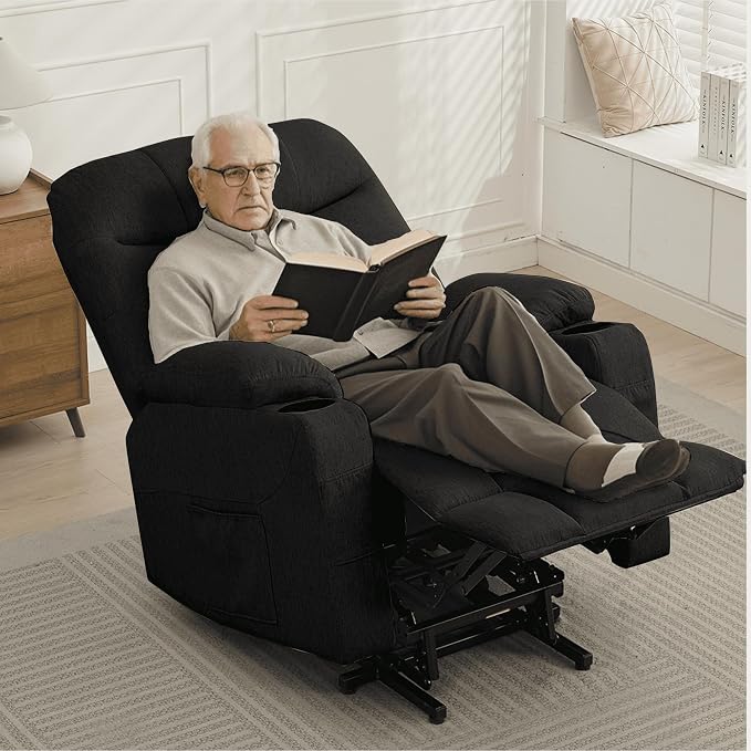 Korser Power Recliner Chair with Massage and Heating, Electric Recliner Chair for Elderly and Adults, Power Lift Recliner with Remote Control and Cup Holders for Living Room, Linen Fabric, Black