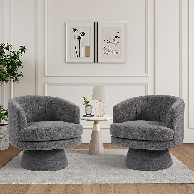 CANMOV Swivel Accent Chair with Armrest, Modern 360 Degree Swivel Barrel Chair with Curve Back and Soft Cushion,Comfy Round Sherpa Teddy Armchair Single Sofa for Living Room,Bedroom, Dark Grey