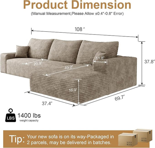AUGOP 108" Sectional Couches for Living Room Modern Modular Sofa with L-Shape Couchs Upholstered Boneless Couch Deep Seat Sectional Couch with Chaise (Camel, Right Facing Chaise+2Seaters)