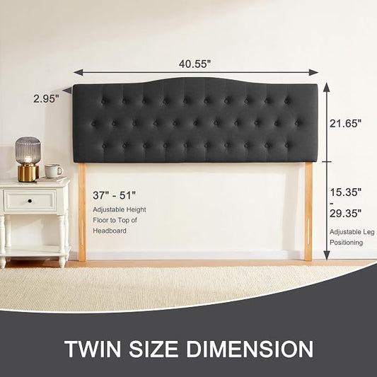 Tufted Headboard Twin Size, Solid Wood Adjustable Height Head Board, Black | Upholstered Twin XL Headboard Only, Durable Solid Wood Legs, Adjustable Height 37-51 in, Fabric Button Diamond HeadBoards