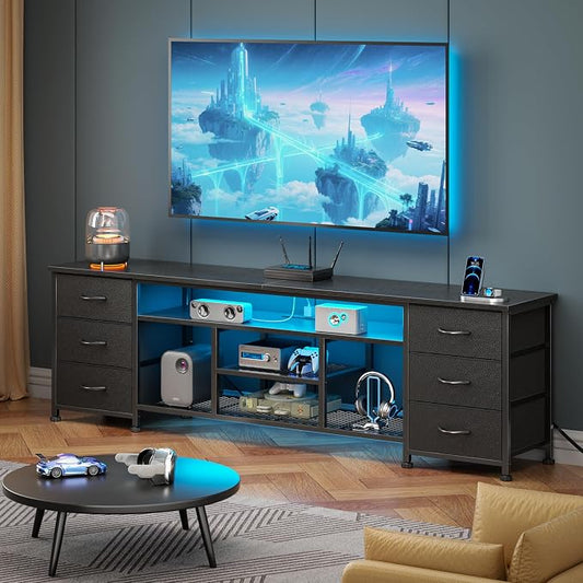 Furologee LED TV Stand for 65, 70 Inch TV, 63 Inch Entertainment Center with Power Outlets, 6 Fabric Drawers Dresser for Bedroom, Media Console with Open Shelves, PU Leather Surface, Black