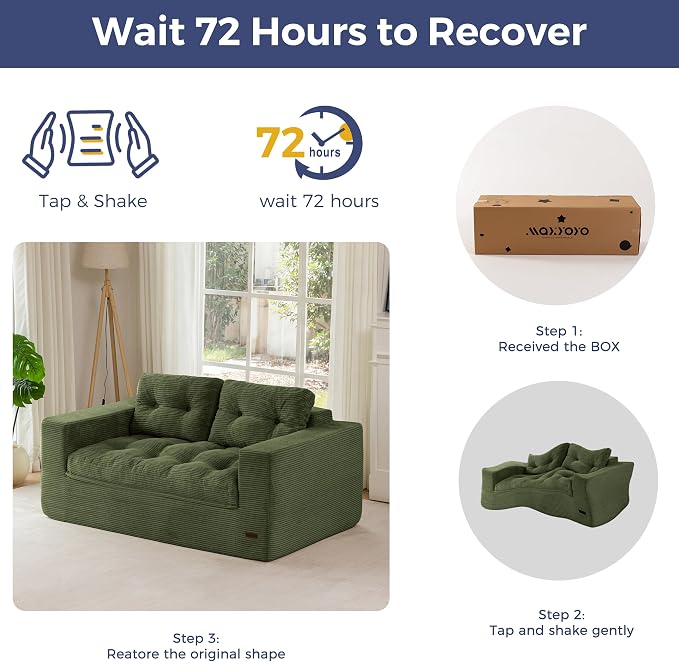 MAXYOYO 63" Loveseat Sofa Couch for Small Spaces, Upholstered Boneless Cloud Couch for Apartment Bedroom, 2-Seater Love Seat Floor Modern Sofa with Pillows, No Assembly Required, Dark Green
