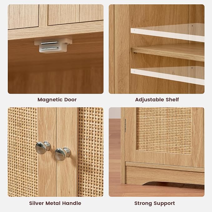 Iwell Tall Storage Cabinet, Rattan Cabinet with 2 Drawers & Adjustable Shelf, Kitchen Pantry Storage Cabient, Entryway Cabinet for Living Room, Dining Room, Home Office, Natural