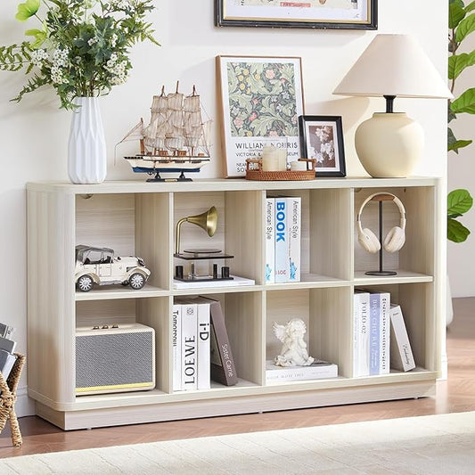 Joaxswe 8 Cube Storage Bookcase, 52" Long Horizontal Book Shelf w/Curved Edge, Wood Low 2-Tier Cubby Console Bookshelf with Base, Modern Floor Standing TV Stand for Living Room, Gray-White Cream Oak