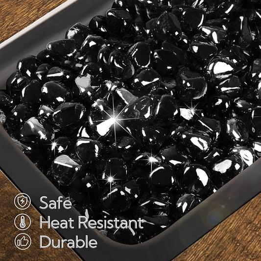 GASPRO 10 Pound Fire Glass Diamonds 1 Inch, Fire Pit Glass Rocks for Gas Fireplace and Fire Pit, Black, High Luster