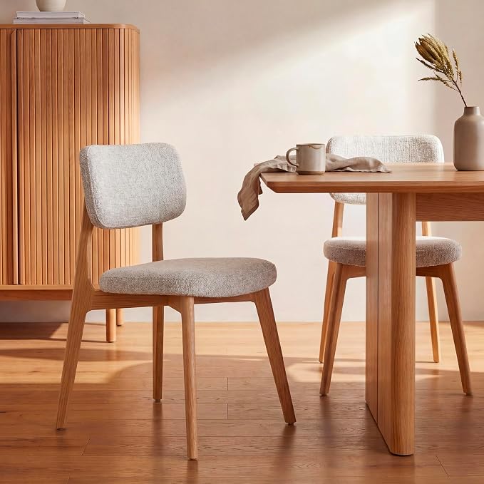 COLAMY Dining Chairs Set of 6, Modern Upholstered Kitchen Room Chairs with Solid Natural Oak Wood Legs, 5-Min Easy Assembly Anti-Wobble, High-Weight Fabric Farmhouse Side Chair, 300lbs,Oak,Beige