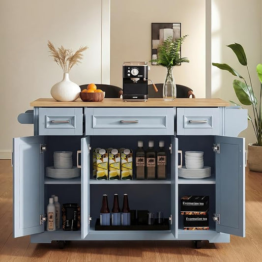 Large Kitchen Island with Rubber Wood Drop Leaf, Rolling Kitchen Cart with Ample Storage on Wheels with Doors and Drawers, Embossed Texture for Dining Room (54Inch, Grey, Silver Handle)