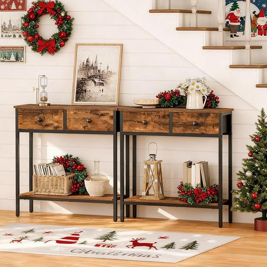 HOOBRO 29.5" Narrow Console Table with 2 Fabric Drawers, Small Entryway Table with 2-Tier Storage Shelves, Sofa Table, Behind Couch Table, for Living Room, Hallway, Rustic Brown and Black BF71XG01