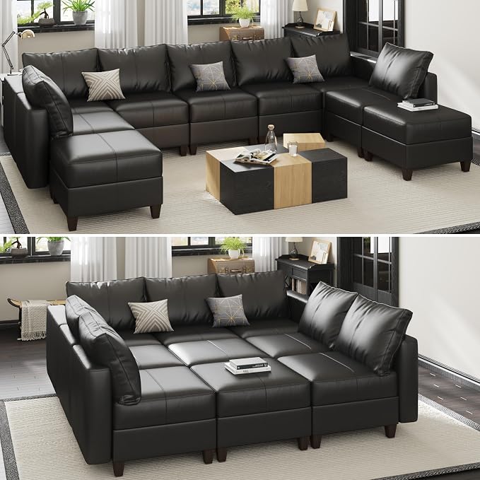 EASE MOOSE Faux Leather Sectional Couch with Storage,Black Sleeper Faux Leather Modualr Sofa Couch