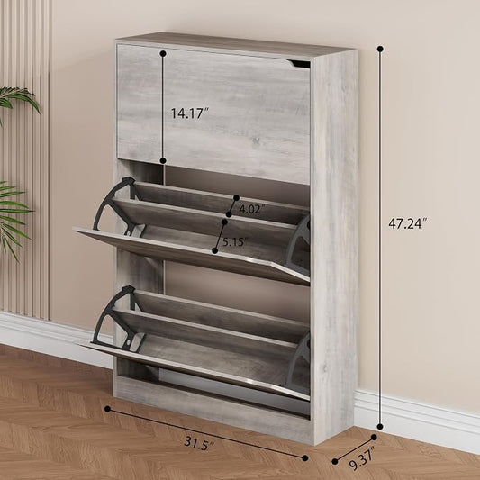 Shoe Storage Cabinet, Wood Shoe Organizer for Entryway with 3 Flip Drawers, Freestanding Shoe Rack with Adjustable Shelf, Narrow Shoe Dresser for Front Door Entrance (Grey, 3 Drawers)