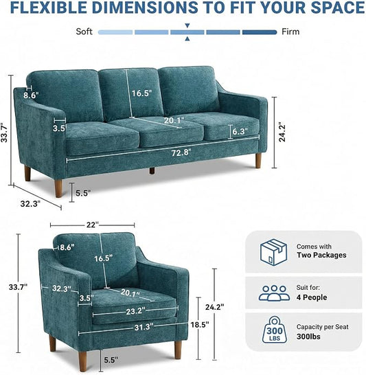 Kingfun Couch Sets for Living Room, 3 Seater Couch and Armchair, Mid Century Modern Sofa Set, Chenille Couch with Solid Wood Frame for Bedroom
