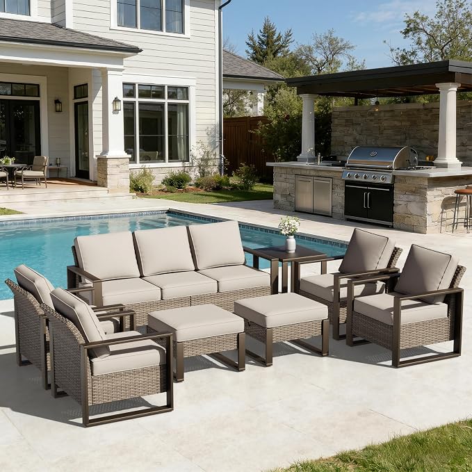 Joyside Outdoor Patio Chairs, 8 Pieces Wicker Rattan Furniture Set, 4 Patio Chairs, 1 Sofa, 2 Ottoman and 1 Table, Metal Wide Armrest, Thick Cushions and Deep Seating for Garden, Backyard, Porch