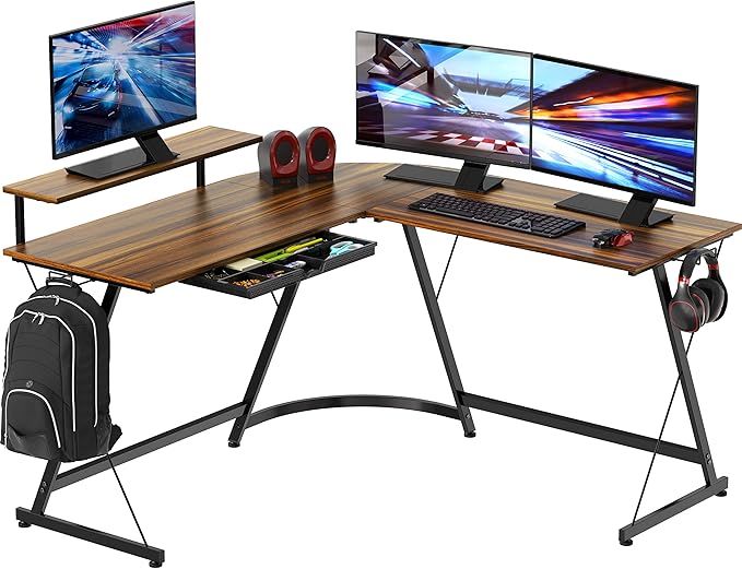 SHW 51 x 51 Inches Vista L-Shaped Desk with Monitor Stand and Drawer, Walnut