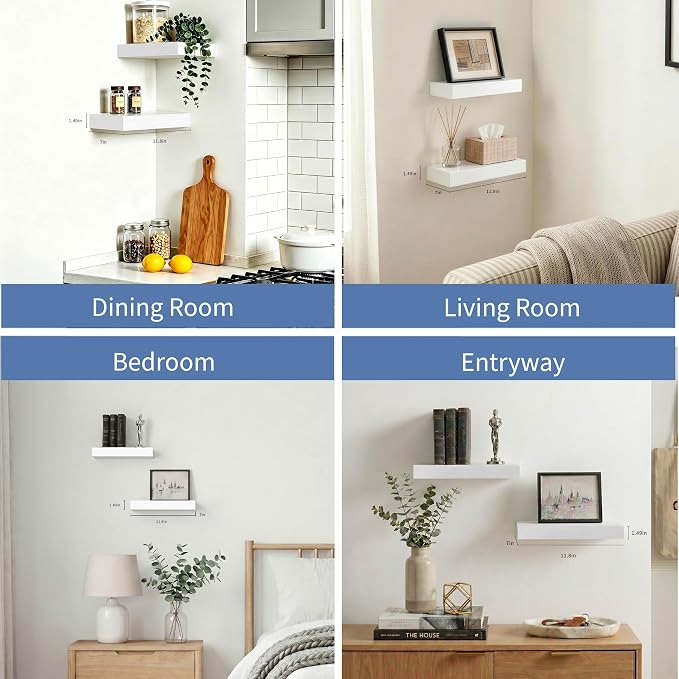 Floating Shelves for Wall 12 inch White Shelves Bathroom, Bedroom and Living Room, Wall Shelves & Book Shelf, Hanging Shelf, Modern Wooden Wall-Mounted Floating Shelf, Set of 2