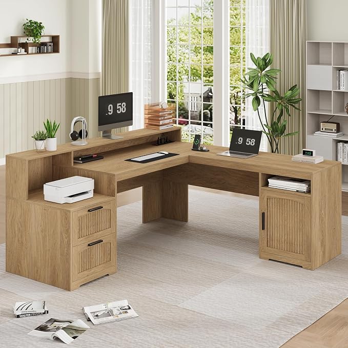 YOMILUVE 63" Farmhouse L Shaped Executive Desk with Drawers & Storage Shelf, Corner Fluted Computer Desk with Power Outlets, L Shaped Office Desk with Monitor Stand, Printer Shelf, Oak