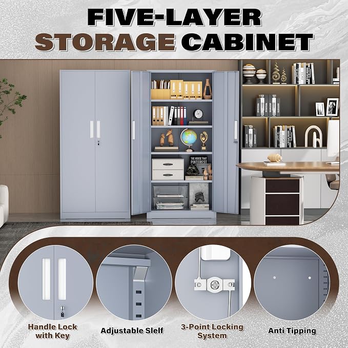Incbruce 72” Metal Storage Cabinet, Locking Steel Storage Cabinet with 2 Doors and 4 Adjustable Shelves, Tall Lockable Tool for Garage, Home, Office (Cement Grey)