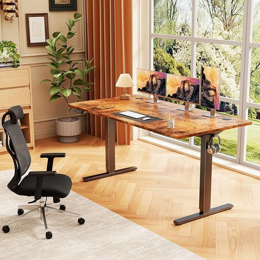 Sweetcrispy Electric Standing Desk Adjustable Height, 55x24 Inch Sit Stand Up Home Office Desks Computer Workstation PC Work Table with 3 Memory Preset Splice Wood Board Metal Frame, Rustic