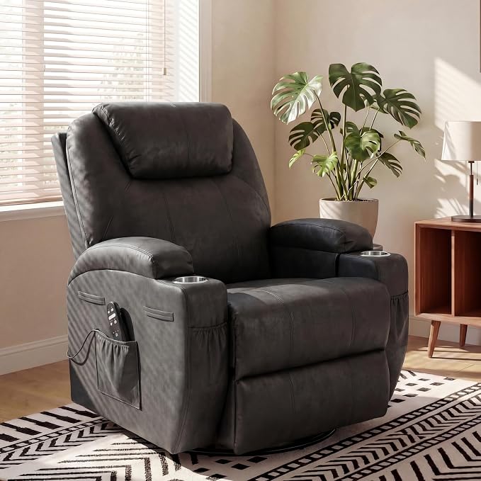 JUMMICO Small Swivel Rocker Recliner, 360 Rocking Chair Recliner with Massage, Upholstered Leathaire Rocker Recliner with Cup Holder for Living Room, Bedroom, Nursery (Black)