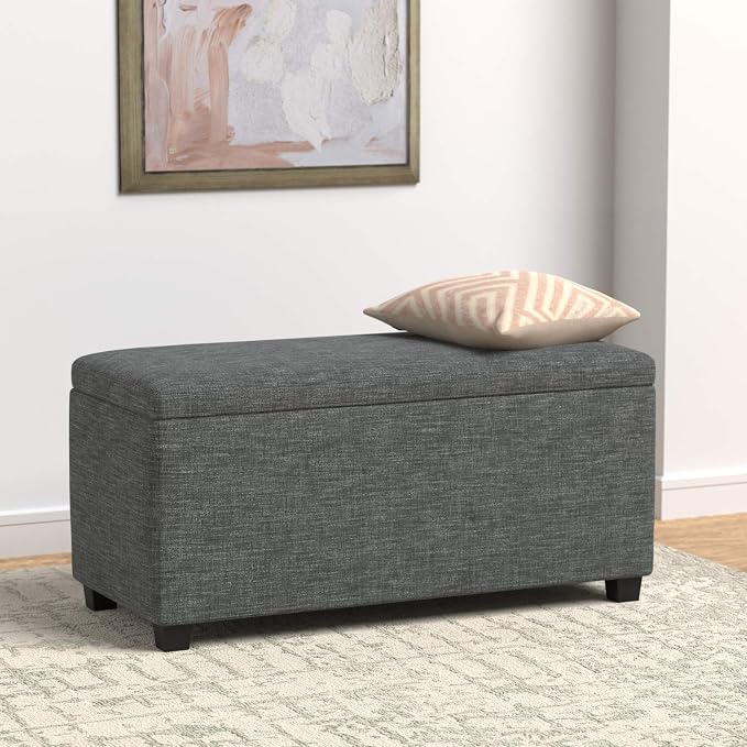Amazon Basics Upholstered Storage Ottoman Bench with Soft Close Lid, Child-Safety Hinge, 35.5"W x 16.5"D x 17"H, Charcoal Gray