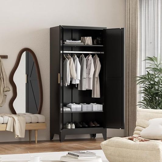 Washsemba 71'' Farmhouse Metal Wardrobe Cabinet with Hanging Rod, 2 Barn Door Wardrobe Closet with 2 Adjustable Shelves,for Dining Room,Bedroom,Living Room, Cloak Room,Office (Black)