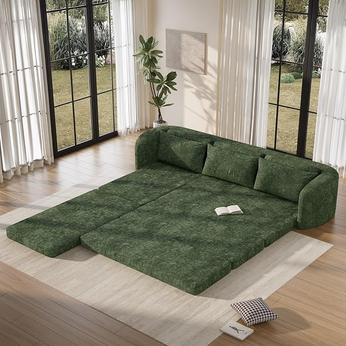 Vesgantti 6 in 1 Convertible Folding Sleeper Sofa Bed, 110.2" Modular Sectional Sofa with Curved Armrest, Chenille Boneless Couch for Living Room, No Assembly Required, Green, Left Facing Chaise