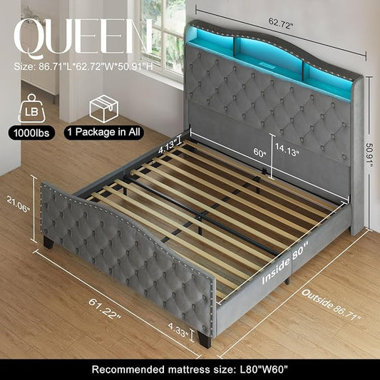 Belffin Queen Size Bed Frame and Headboard, 50.9" Velvet Upholstered Wingback Bedframe with LED Lights & Storage/Charging Station, Button Tufted Tall Footboard, No Box Spring Needed, Noise-Free, Grey