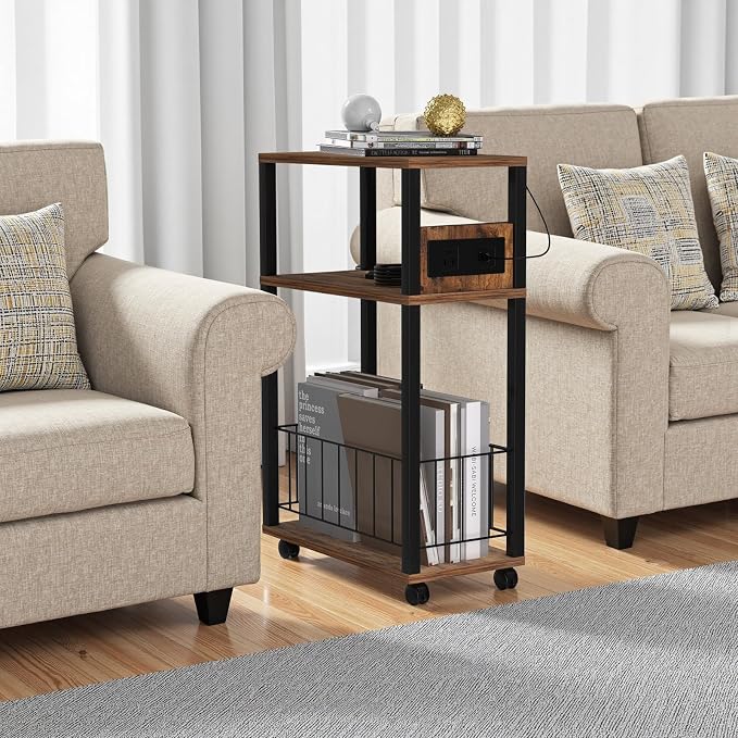 DGSANDGO Narrow Rolling Side Table with Charging Station (Outlets/USB Ports) & Storage Basket - Small Space End Table for Living Room Bedroom Office (Rustic Brown)
