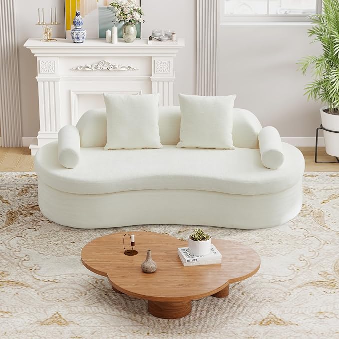 AVZEAR 78" Curved Loveseat Sofa, Chenille Upholstered 2 Seater Couch for Living Room, No Assembly Modern Love Seat Cloud Sofa with 2 Bolster Pillows & 2 Square Pillows, High-Density Foam, White