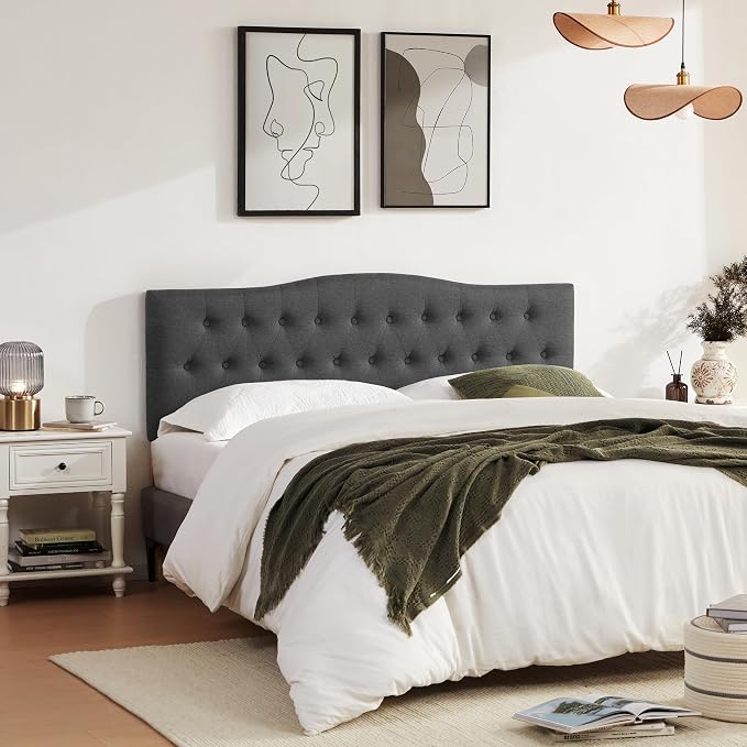 Tufted Headboard King Size, Solid Wood Adjustable Height Head Board, Black | Upholstered King Headboard Only with Durable Solid Wood Legs, Adjustable Height 37-51 in, Fabric Button Diamond HeadBoards