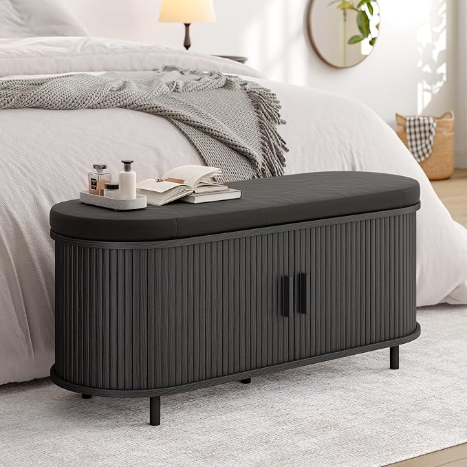 ONBRILL 43" Shoe Bench with Storage, Fluted Shoe Storage Bench with Cushion, Sliding Door and Adjustable Shelf, for Entryway, Hallway, Living Room, Black