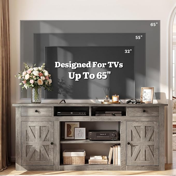 YITAHOME Farmhouse TV Stand for 65-Inch TV, Entertainment Center with Storage Cabinets & Drawers, TV Console for Living Room, Washed Gray