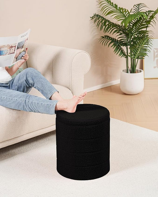 B FSOBEIIALEO Ottoman with Stroage, Round Sherpa Storage Ottoman Stool, Boucle Foot Rest 14.6"x14.6"x17.7"(Black