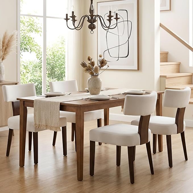 HNY Set of 4 Mid Century Modern Dining Chairs, Farmhouse Velvet Upholstered Accent Chair Curved Backrest Kitchen Chairs, with Hardwood Frame, Cream, Velvet-beige