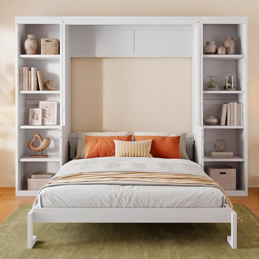 Olela Murphy Bed Queen Size with Small Desk and Bookcase, Vertical Murphy Wall Bed Cabinet Desk and Bookshelf Storage Combo, Space Saving Hideaway Beds for Home Office Guest Room, White
