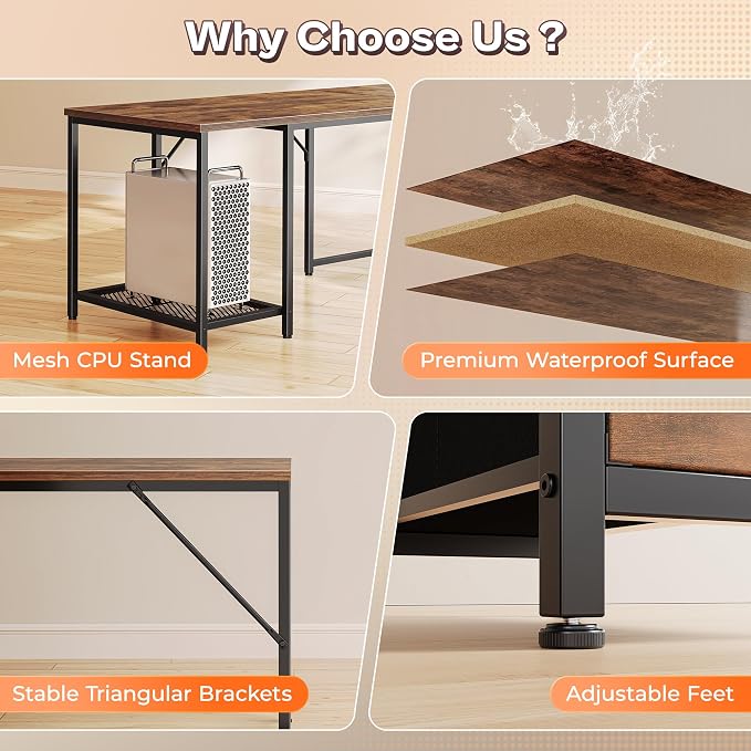 PRAISUN 66" L Shaped Gaming Desk with LED Lights & Power Outlets, Computer Desk with Fabric Drawers and Print Stand, Corner Office Desk, Monitor Stand, Mesh CPU Stand, Rustic Brown