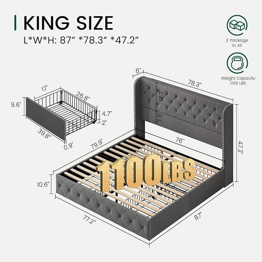 LARMACE Upholstered King Size Bed Frame with 4 Storage Drawers and 47.2" Tall Wingback Headboard Tufted Platform Bed Frame Linen Beds with Wooden Slats Support, Easy Assembly, Light Grey