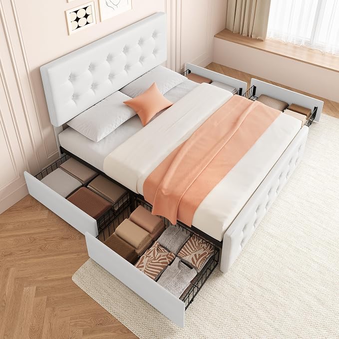 IDEALHOUSE Queen Size Bed Frame with 4 Storage Drawers and Headboard, Faux Leather Upholstered Platform Bed Frame with Wooden Slats Support, Button Tufted Design, No Box Spring Needed, White