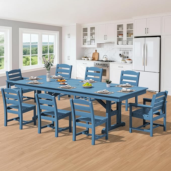 SERWALL 9 Piece 84" HDPE Outdoor Dining Set with 6 Armless Chairs, 2 Armchairs and Umbrella Hole for 8, Blue
